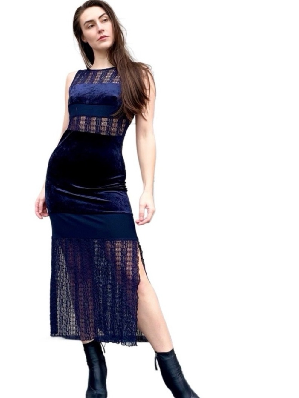 Free People Navy Lace & Velvet Midi Dress